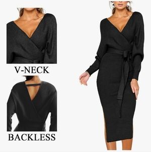Cherfly Black V-Neck Batwing Sweater Dress w/ Tie at Waist, Side Slits, Small